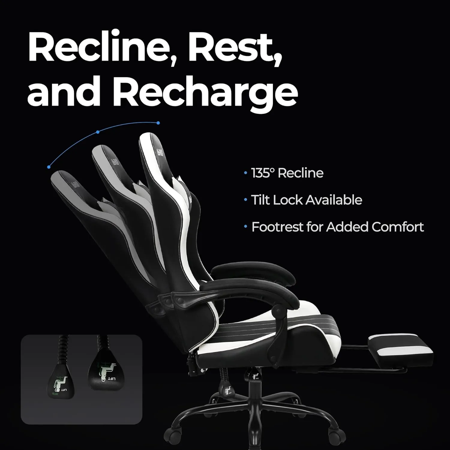 N-GEN Video Gaming Chair with Footrest High Back Ergonomic Comfortable Office Computer Desk with Lumbar Support Height Adjustable with PU Leather Recliner for Adults Women Men (White)