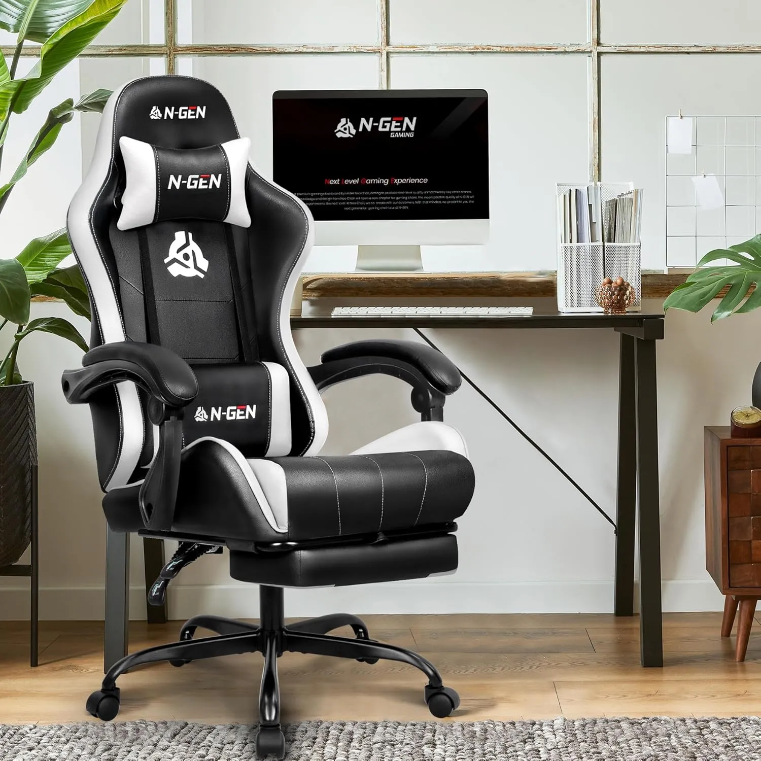 N-GEN Video Gaming Chair with Footrest High Back Ergonomic Comfortable Office Computer Desk with Lumbar Support Height Adjustable with PU Leather Recliner for Adults Women Men (White)