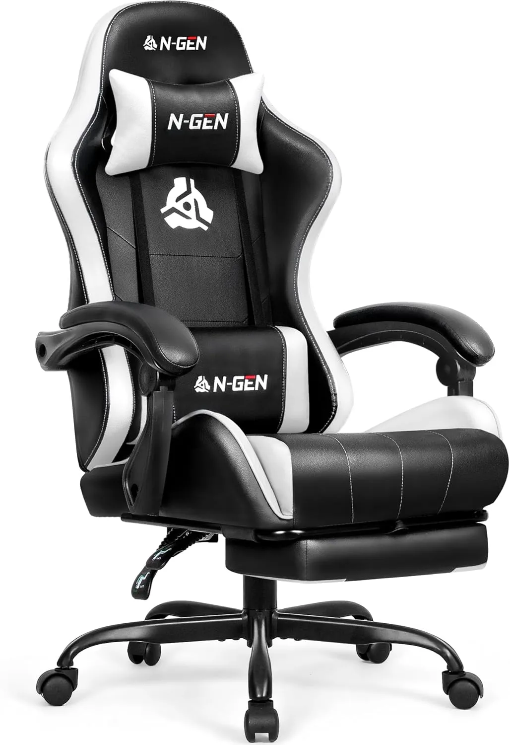 N-GEN Video Gaming Chair with Footrest High Back Ergonomic Comfortable Office Computer Desk with Lumbar Support Height Adjustable with PU Leather Recliner for Adults Women Men (White)