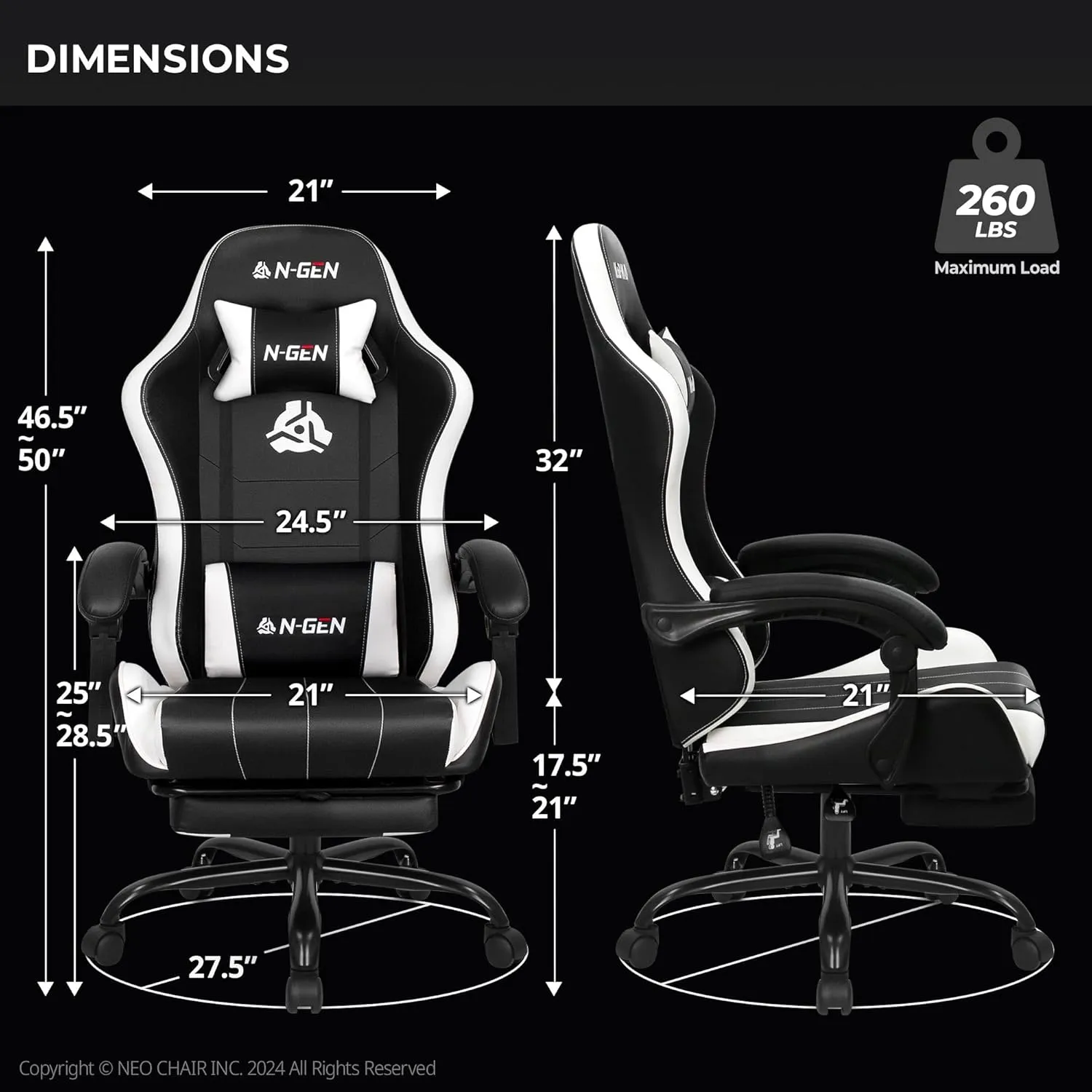 N-GEN Video Gaming Chair with Footrest High Back Ergonomic Comfortable Office Computer Desk with Lumbar Support Height Adjustable with PU Leather Recliner for Adults Women Men (White)