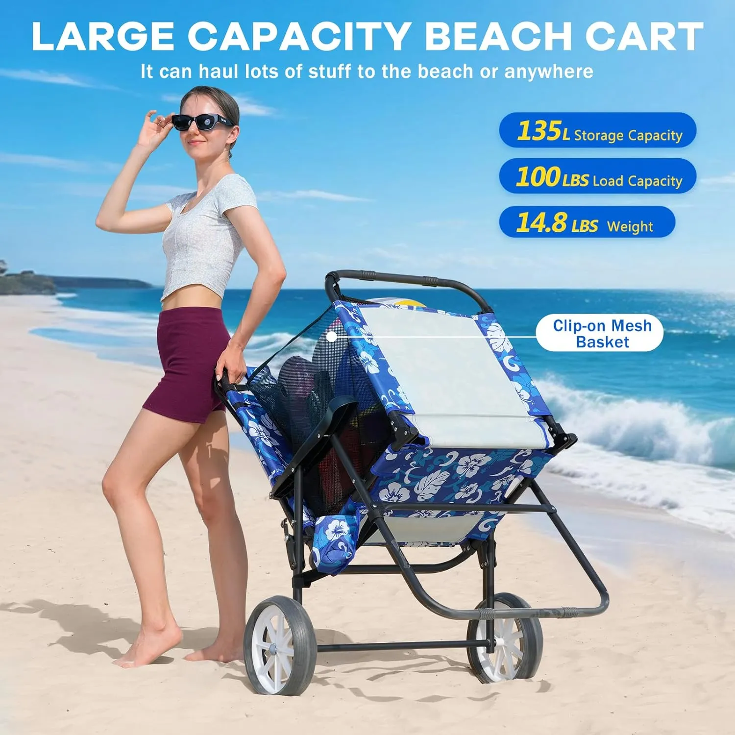 NAIZEA 2 in 1 Beach Cart Chairs with Wheels, Beach Chair with Canopy Shade, Folding Reclining Lounge Chair for Patio, Pool, Balcony, Backyard