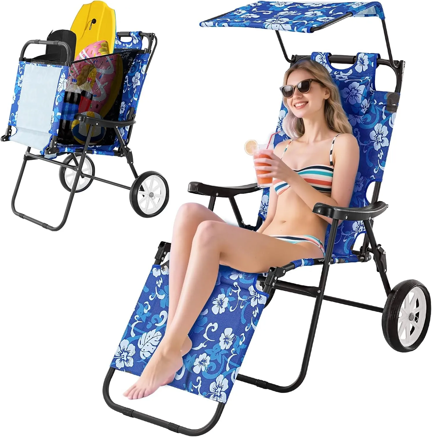 NAIZEA 2 in 1 Beach Cart Chairs with Wheels, Beach Chair with Canopy Shade, Folding Reclining Lounge Chair for Patio, Pool, Balcony, Backyard