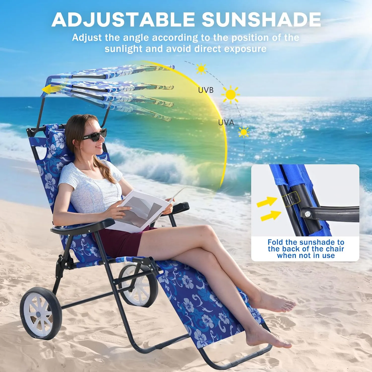 NAIZEA 2 in 1 Beach Cart Chairs with Wheels, Beach Chair with Canopy Shade, Folding Reclining Lounge Chair for Patio, Pool, Balcony, Backyard