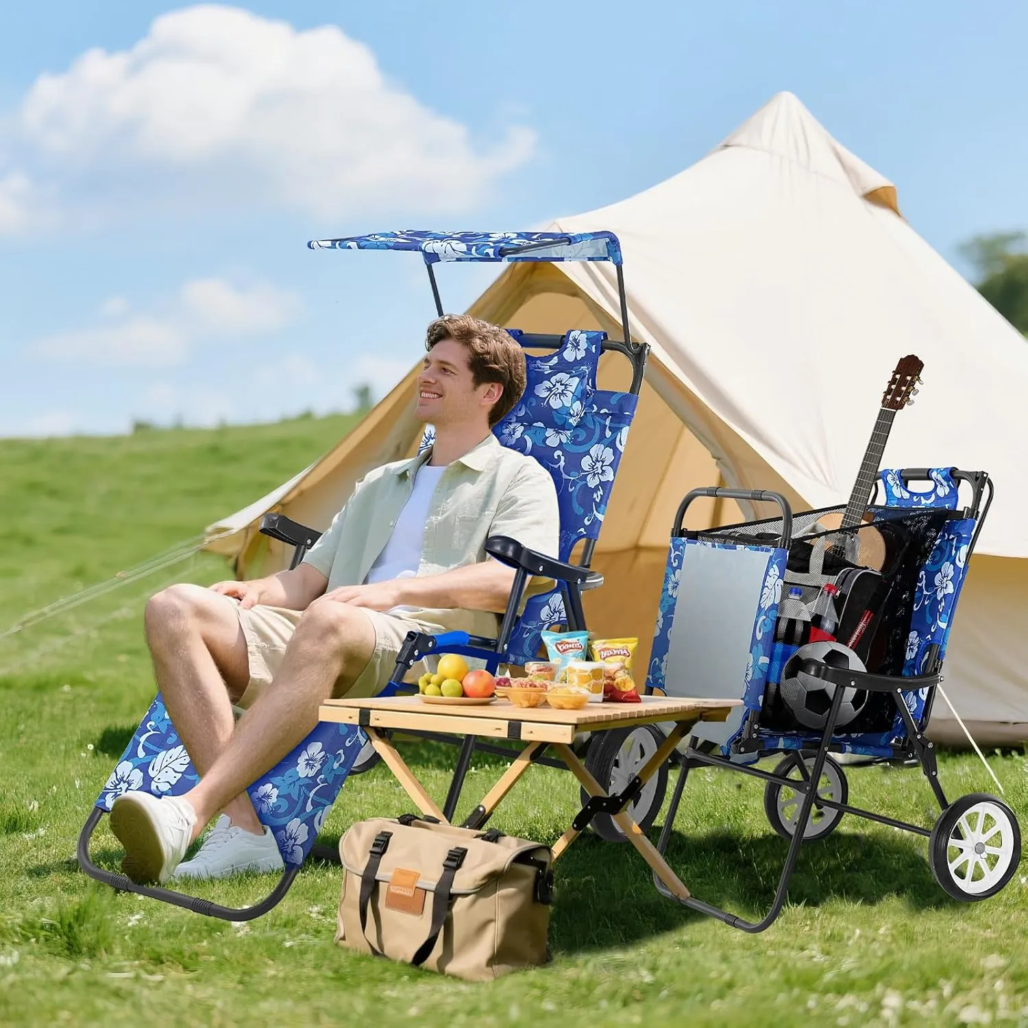 NAIZEA 2 in 1 Beach Cart Chairs with Wheels, Beach Chair with Canopy Shade, Folding Reclining Lounge Chair for Patio, Pool, Balcony, Backyard
