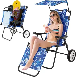 NAIZEA 2 in 1 Beach Cart Chairs with Wheels, Beach Chair with Canopy Shade, Folding Reclining Lounge Chair for Patio, Pool, Balcony, Backyard
