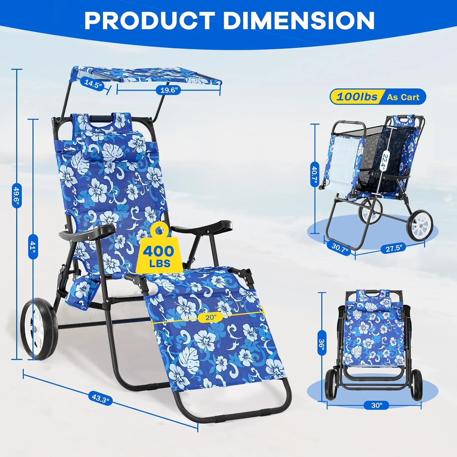 NAIZEA 2 in 1 Beach Cart Chairs with Wheels, Beach Chair with Canopy Shade, Folding Reclining Lounge Chair for Patio, Pool, Balcony, Backyard