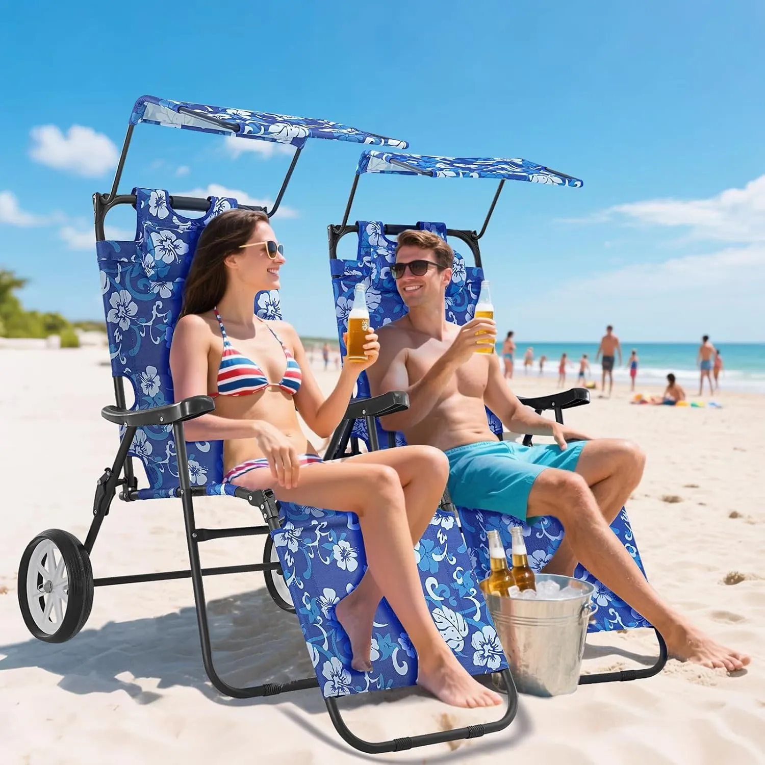 NAIZEA 2 in 1 Beach Cart Chairs with Wheels, Beach Chair with Canopy Shade, Folding Reclining Lounge Chair for Patio, Pool, Balcony, Backyard