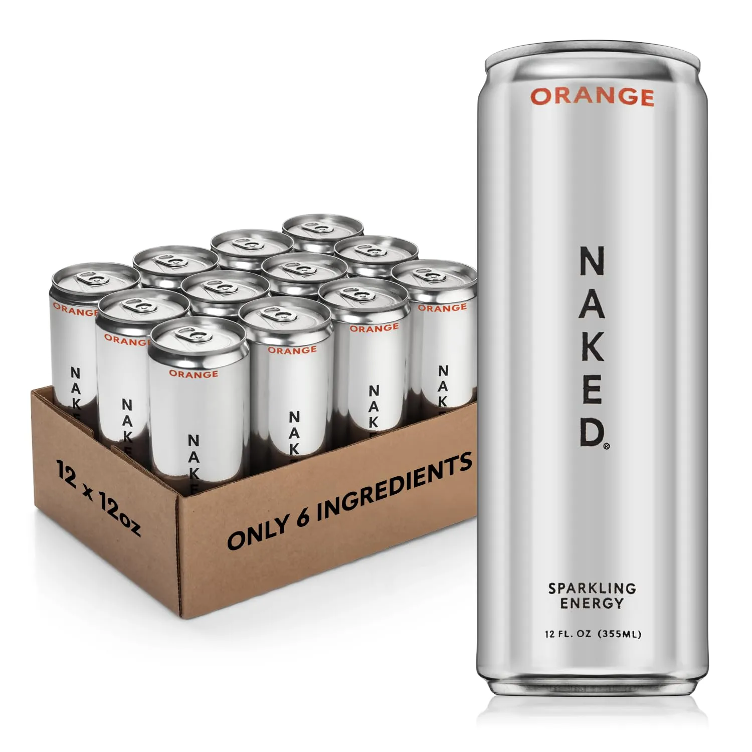 Naked Energy - Orange, Organic Caffeine, Organic Lemon Juice, Zero Sugar, No Sucralose, Naturally Sweetened, Clean Energy Drink, Vegan, Gluten-Free, Non-GMO - 12oz Cans (Pack of 12)