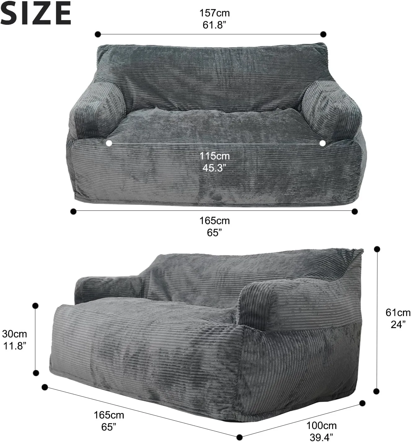 N&V Giant Twin Size Bean Bag, Foam Filling, Includes Removable and Machine Washable Cover, Forest Grey