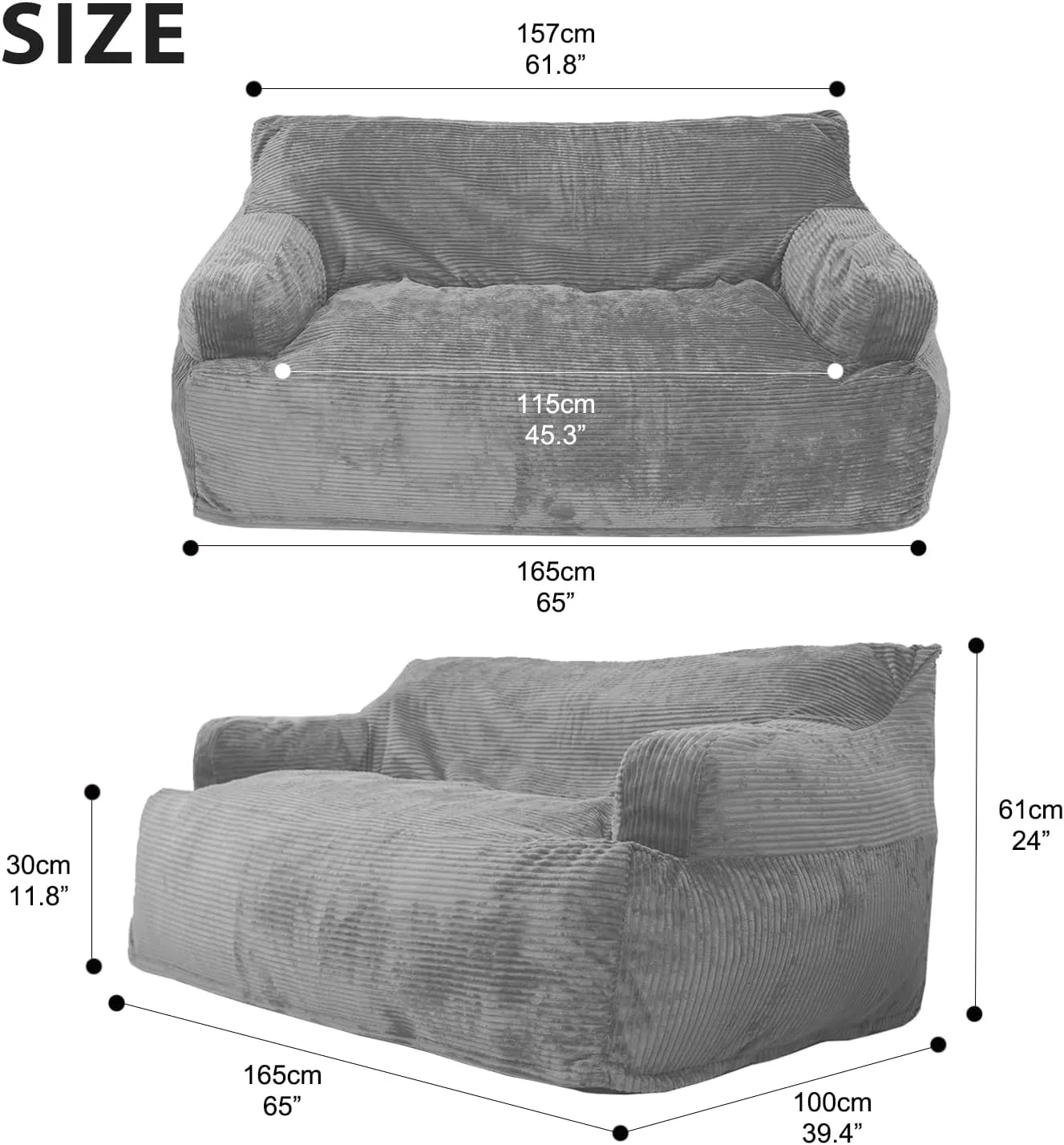 N&V Giant Twin Size Bean Bag, Foam Filling, Includes Removable and Machine Washable Cover, Harbour Grey