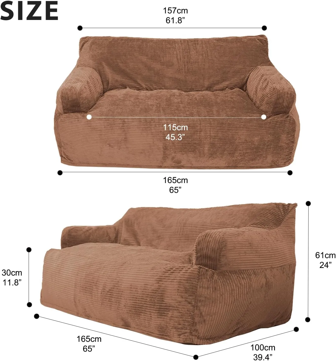 N&V Giant Twin Size Bean Bag Sofa, Foam Filling Floor Sofa, Includes Removable and Machine Washable Cover, Brown