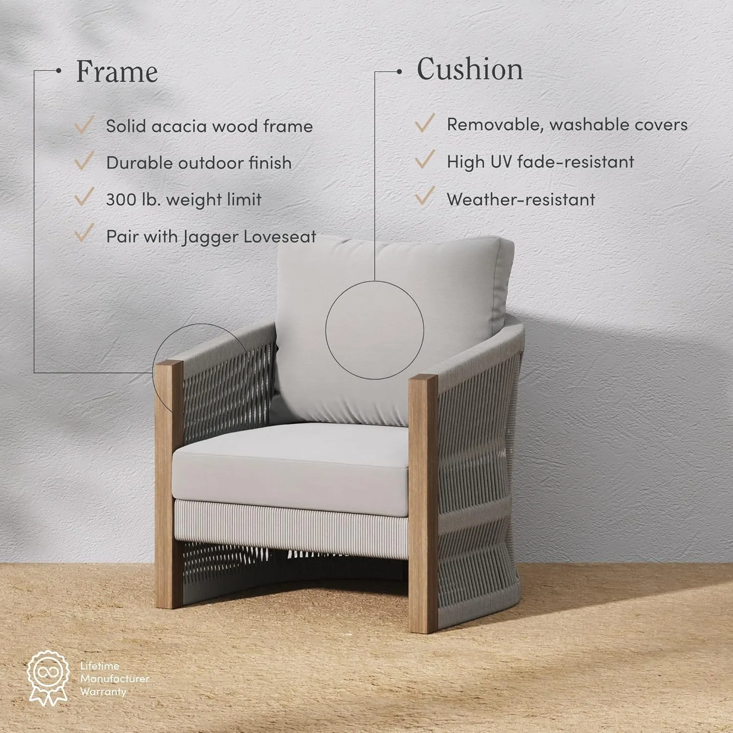 Nathan James Jagger Farmhouse Patio Chair with Cushions, Outdoor Chair for Porch with Solid Acacia Wood Frame and Rope Accent, Outdoor Gray
