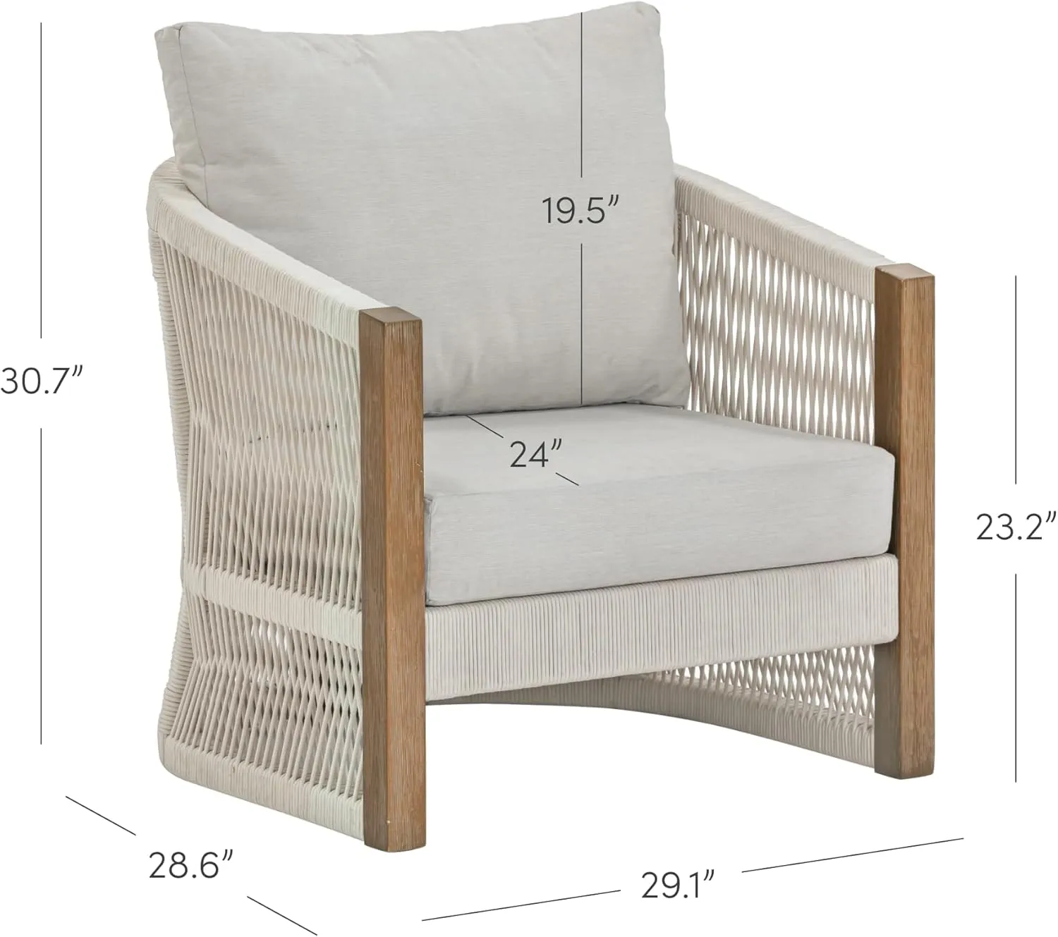 Nathan James Jagger Farmhouse Patio Chair with Cushions, Outdoor Chair for Porch with Solid Acacia Wood Frame and Rope Accent, Outdoor Gray