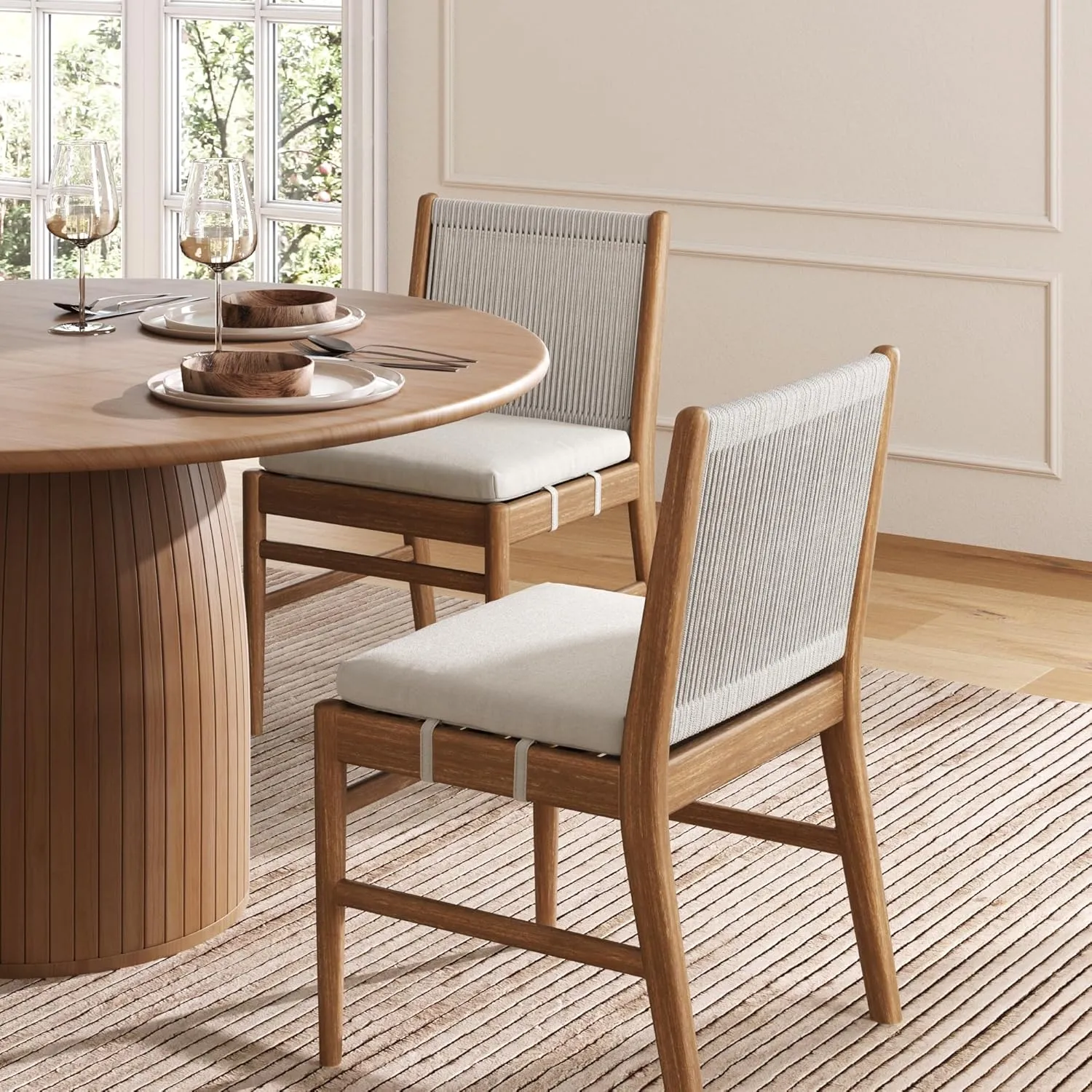 Nathan James Kayden Bohemian Dining Chair with Cushion, Porch Chair with Solid Acacia Wood Frame, Foam Cushion and Woven Rope Backrest