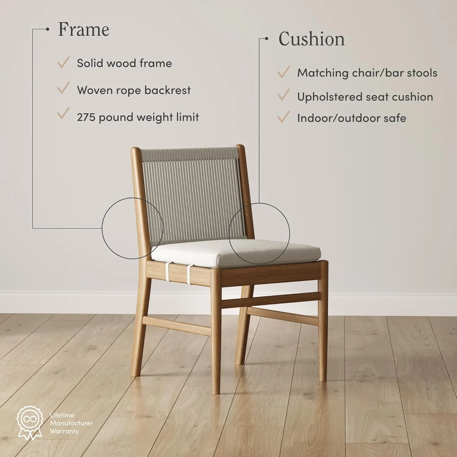 Nathan James Kayden Bohemian Dining Chair with Cushion, Porch Chair with Solid Acacia Wood Frame, Foam Cushion and Woven Rope Backrest