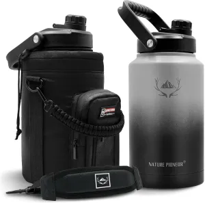 NATURE PIONEOR Insulated Water Bottles with Strap - 128 oz Stainless Steel Vacuum Bottle with Holder/Carrier/Sleeve - Reusable 18/8 Food Grade Thermos Water Jug