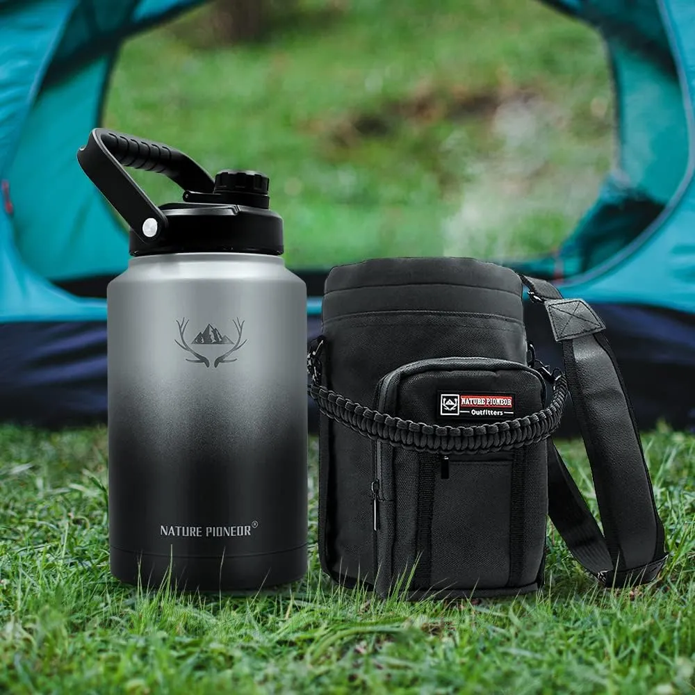 NATURE PIONEOR Insulated Water Bottles with Strap - 128 oz Stainless Steel Vacuum Bottle with Holder/Carrier/Sleeve - Reusable 18/8 Food Grade Thermos Water Jug