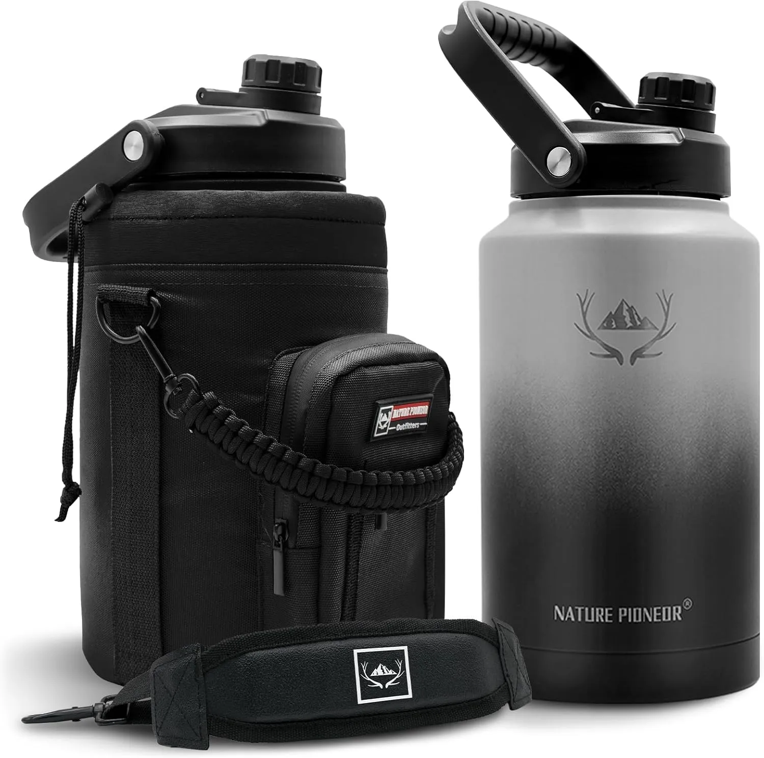 NATURE PIONEOR Insulated Water Bottles with Strap - 128 oz Stainless Steel Vacuum Bottle with Holder/Carrier/Sleeve - Reusable 18/8 Food Grade Thermos Water Jug