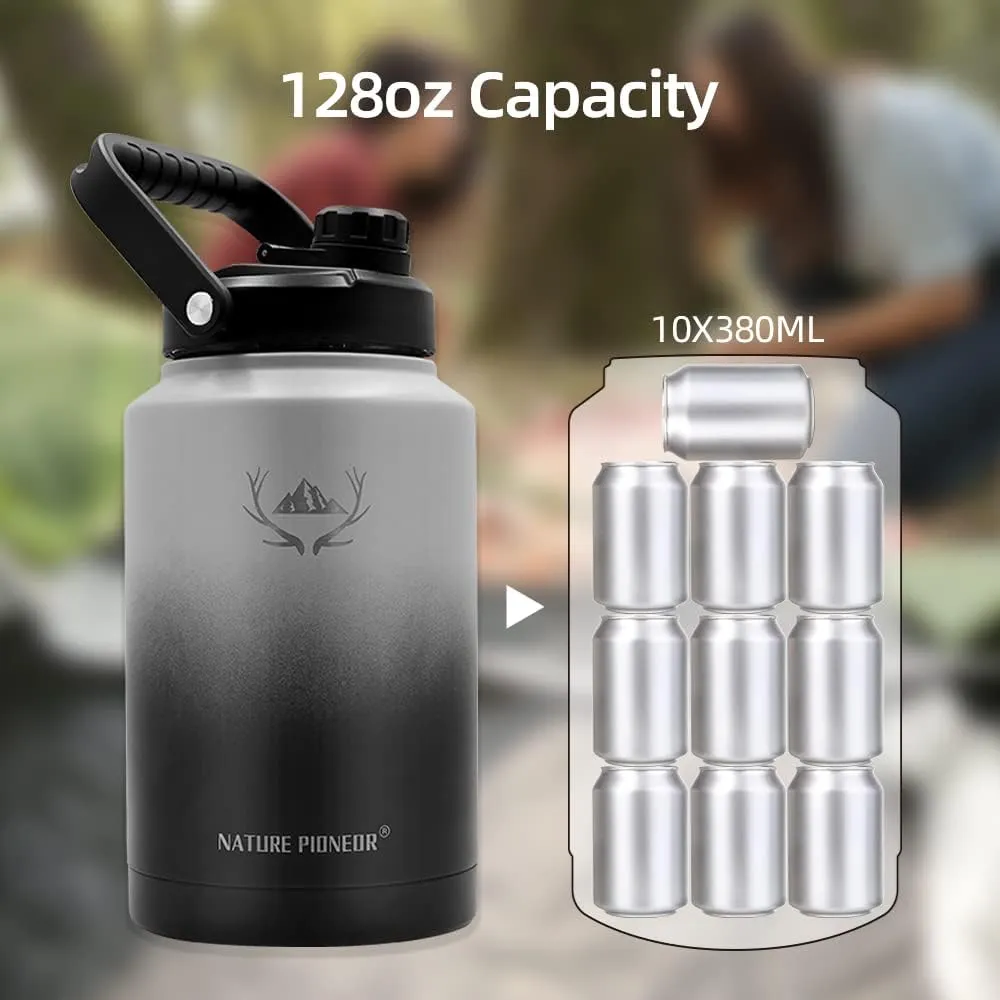 NATURE PIONEOR Insulated Water Bottles with Strap - 128 oz Stainless Steel Vacuum Bottle with Holder/Carrier/Sleeve - Reusable 18/8 Food Grade Thermos Water Jug