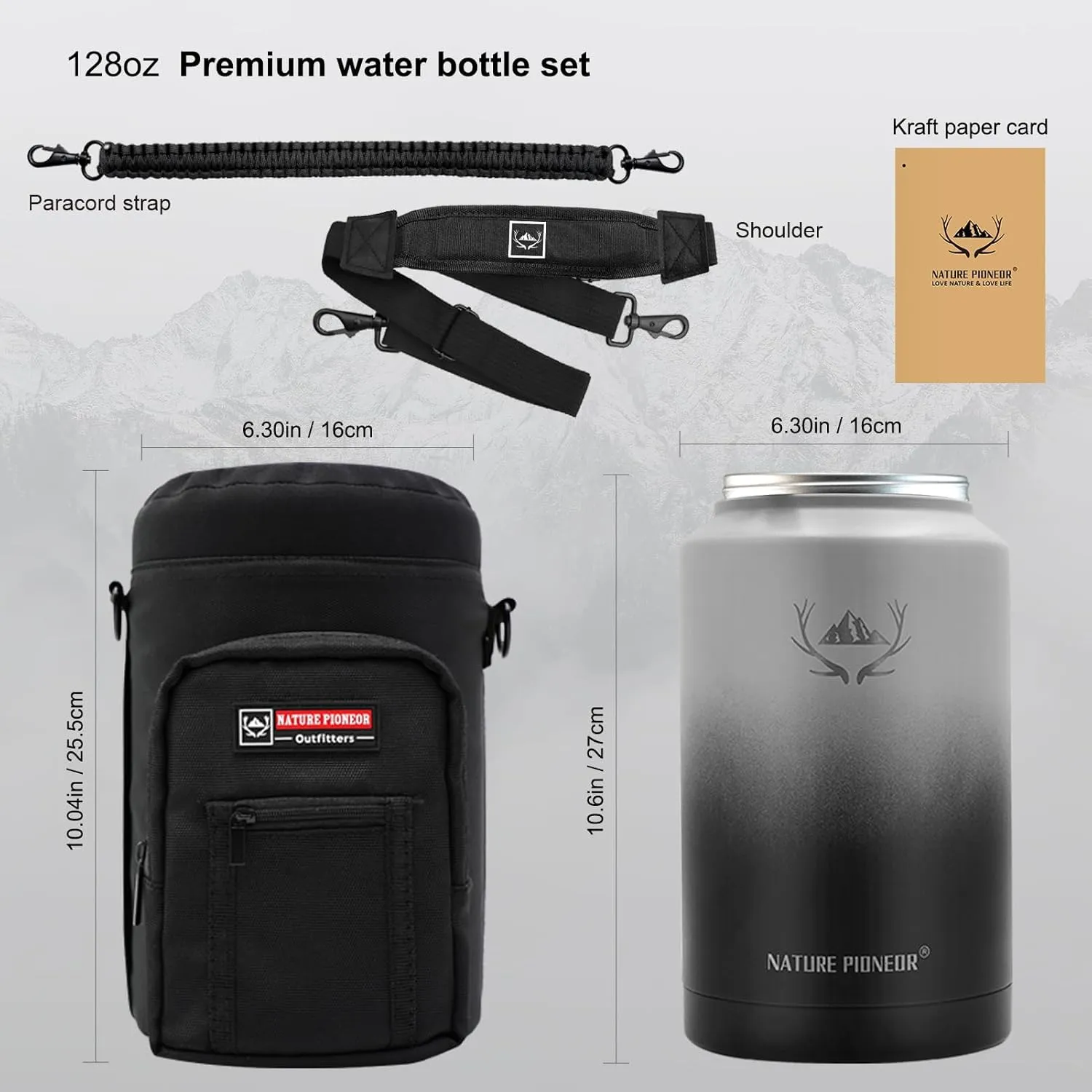 NATURE PIONEOR Insulated Water Bottles with Strap - 128 oz Stainless Steel Vacuum Bottle with Holder/Carrier/Sleeve - Reusable 18/8 Food Grade Thermos Water Jug