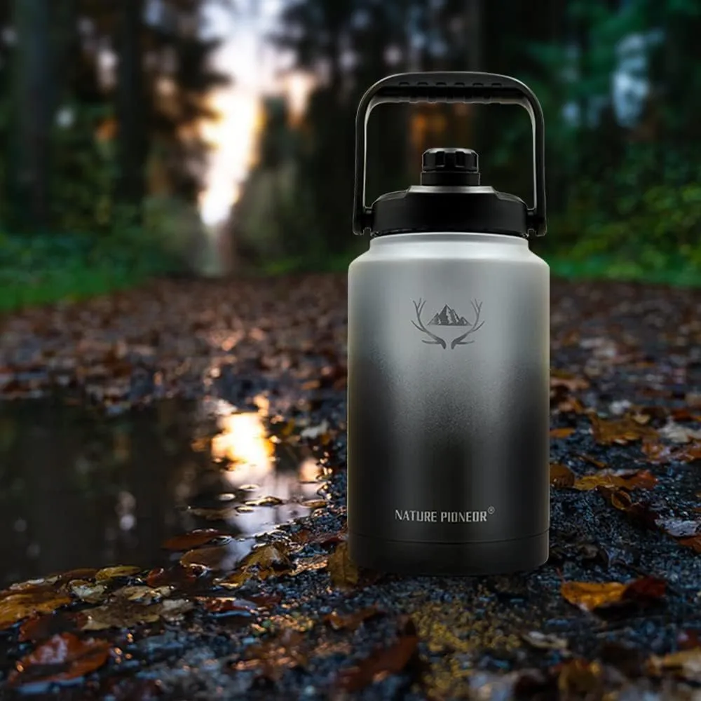 NATURE PIONEOR Insulated Water Bottles with Strap - 128 oz Stainless Steel Vacuum Bottle with Holder/Carrier/Sleeve - Reusable 18/8 Food Grade Thermos Water Jug