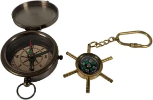 Nautical Antique Brass Navigational Compass Copper Dial Functional Direction Finder Device Combo Set Ship Wheel Compass Key Chain Stylish Look