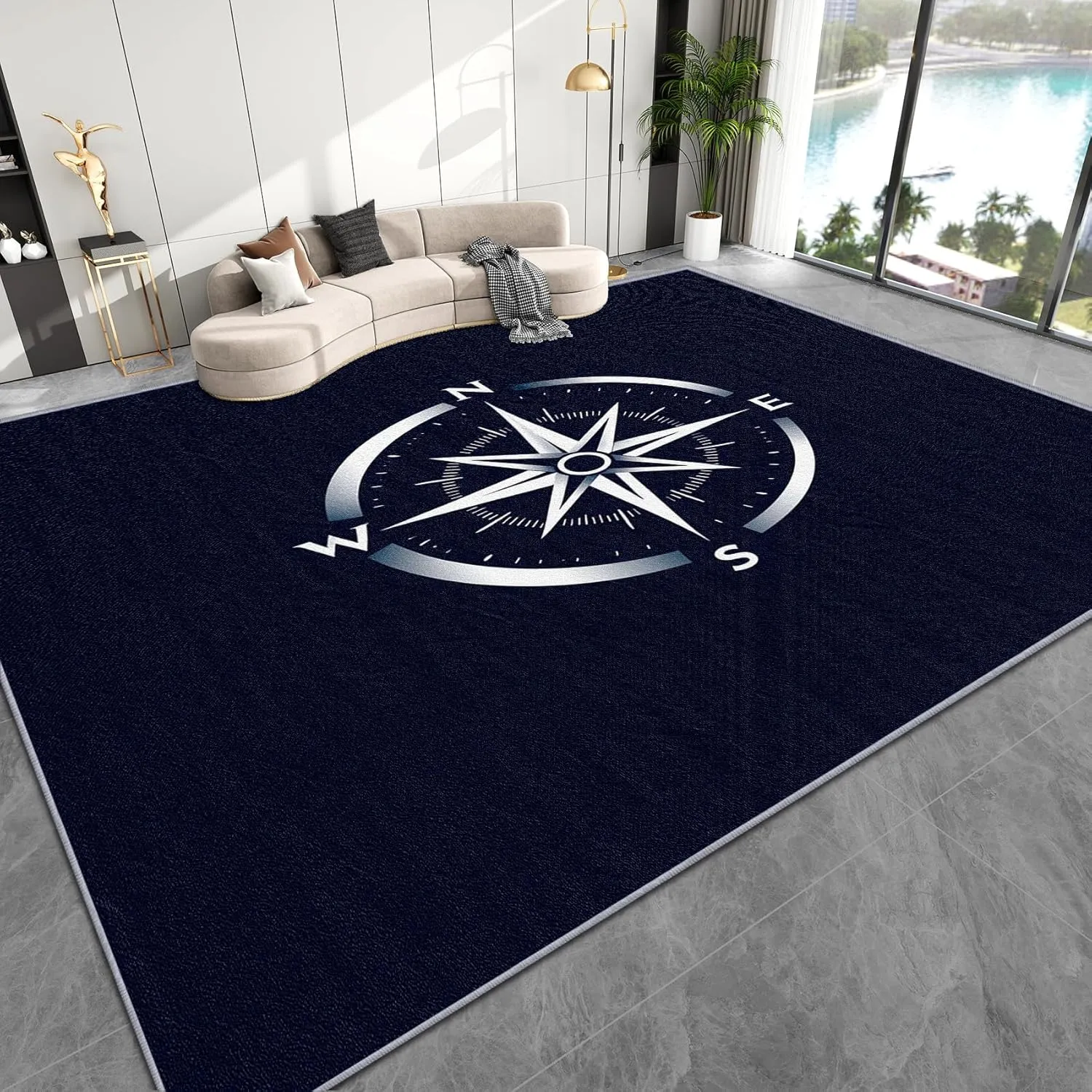 Nautical Compass Rug - 4x6 ft Washable Non Slip Stain Resistant Area Rugs for Living Room Bedroom