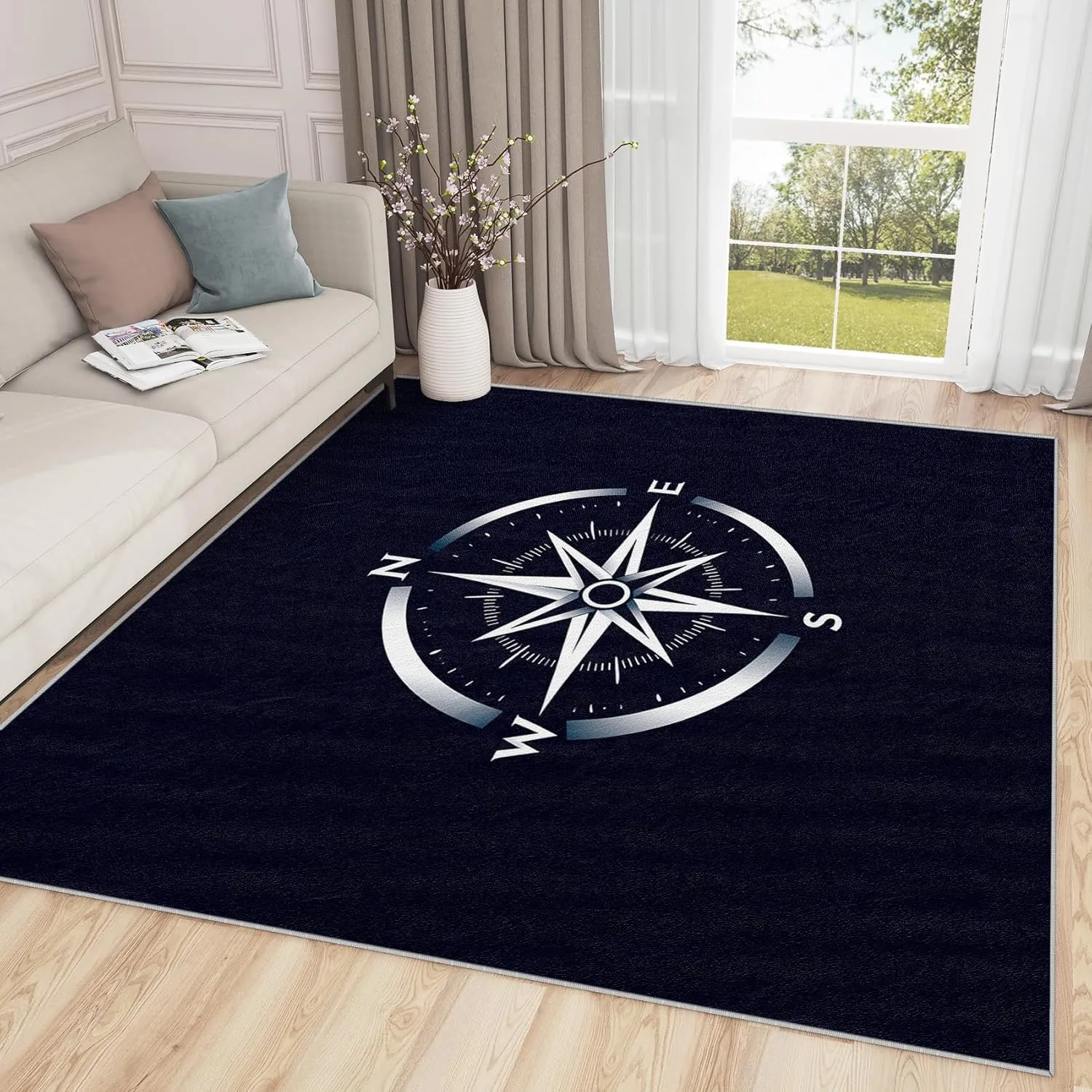Nautical Compass Rug - 4x6 ft Washable Non Slip Stain Resistant Area Rugs for Living Room Bedroom
