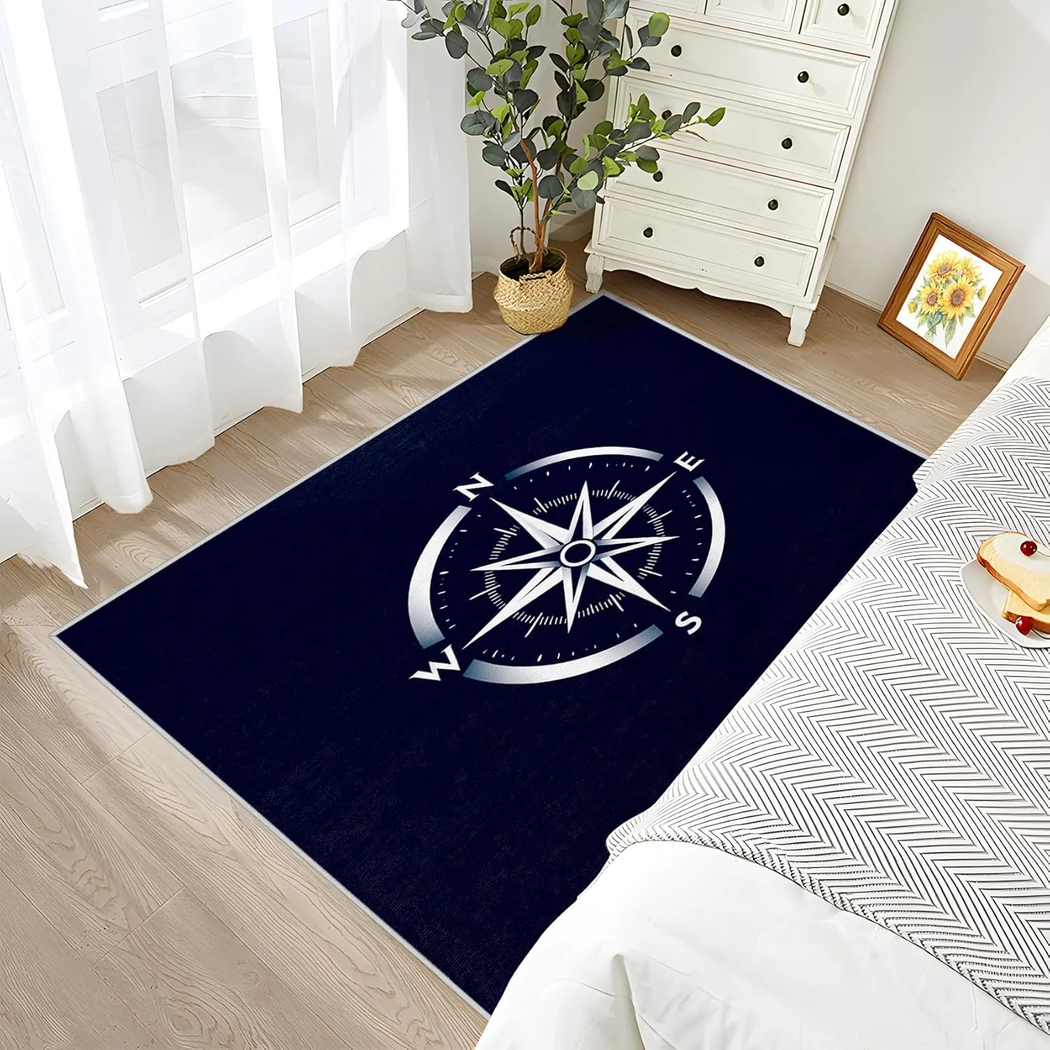 Nautical Compass Rug - 4x6 ft Washable Non Slip Stain Resistant Area Rugs for Living Room Bedroom