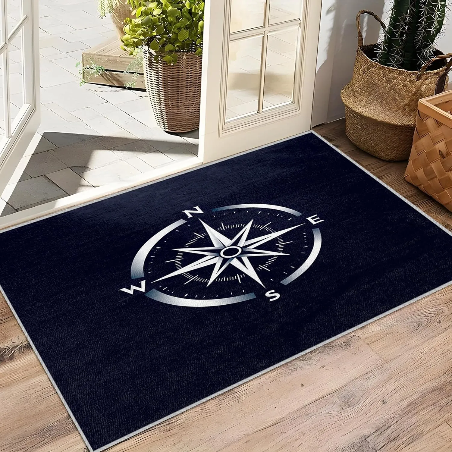 Nautical Compass Rug - 4x6 ft Washable Non Slip Stain Resistant Area Rugs for Living Room Bedroom