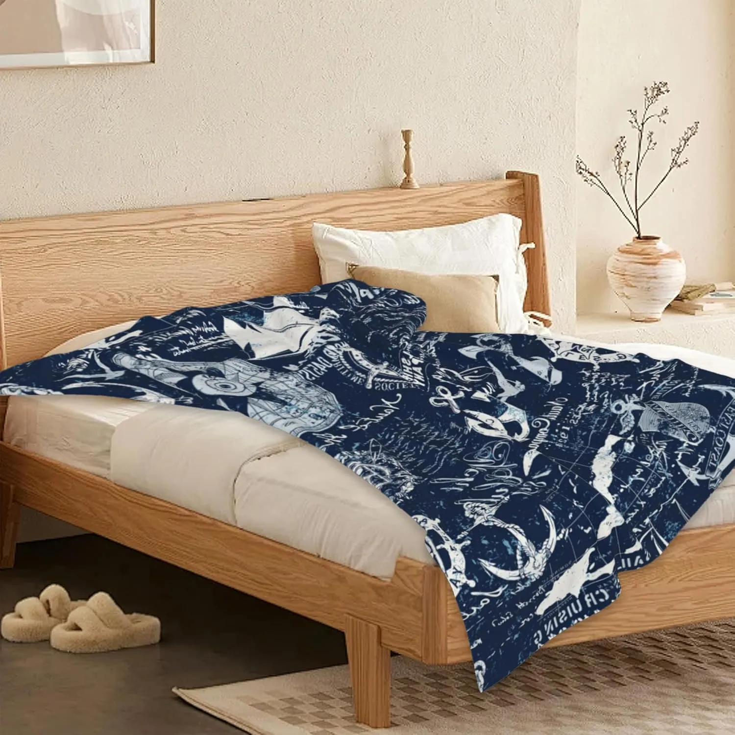 Nautical Navy Blue Blanket, Anchor Compass Soft Lightweight Throw Blanket for Sofa Couch Bed Room 50x60 inch