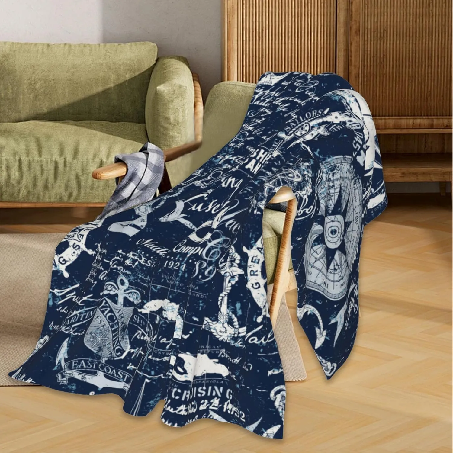 Nautical Navy Blue Blanket, Anchor Compass Soft Lightweight Throw Blanket for Sofa Couch Bed Room 50x60 inch