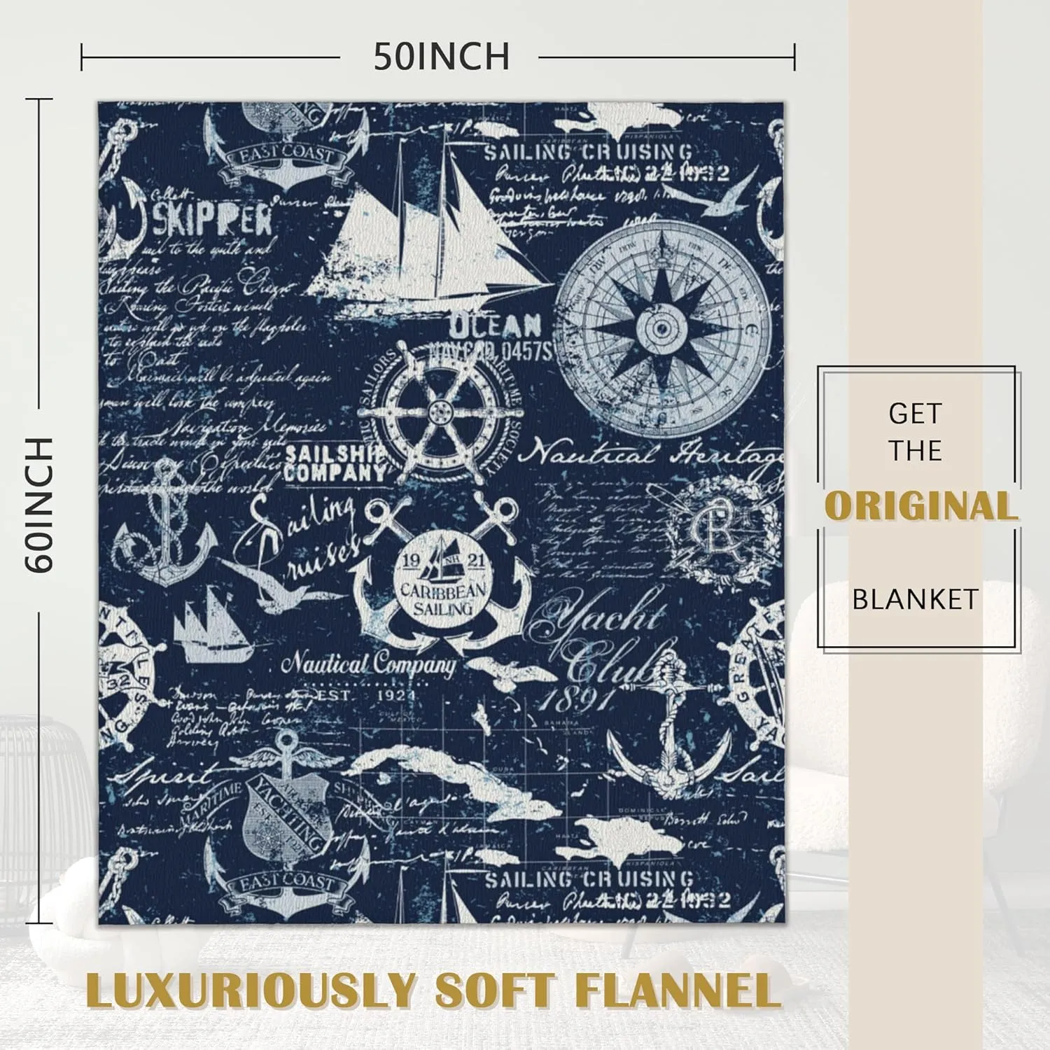 Nautical Navy Blue Blanket, Anchor Compass Soft Lightweight Throw Blanket for Sofa Couch Bed Room 50x60 inch