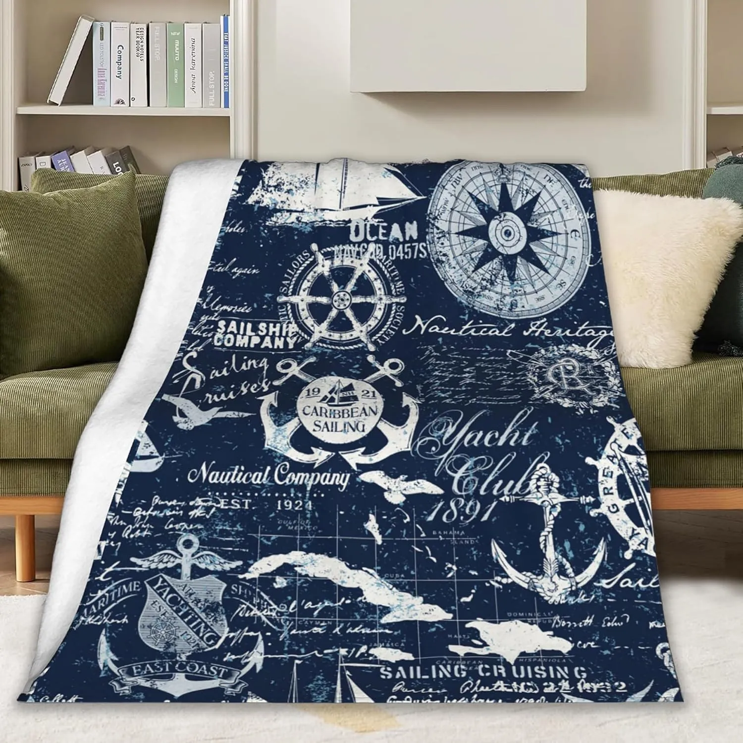 Nautical Navy Blue Blanket, Anchor Compass Soft Lightweight Throw Blanket for Sofa Couch Bed Room 50x60 inch