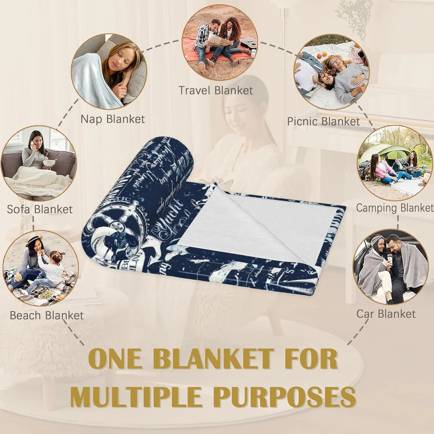 Nautical Navy Blue Blanket, Anchor Compass Soft Lightweight Throw Blanket for Sofa Couch Bed Room 50x60 inch