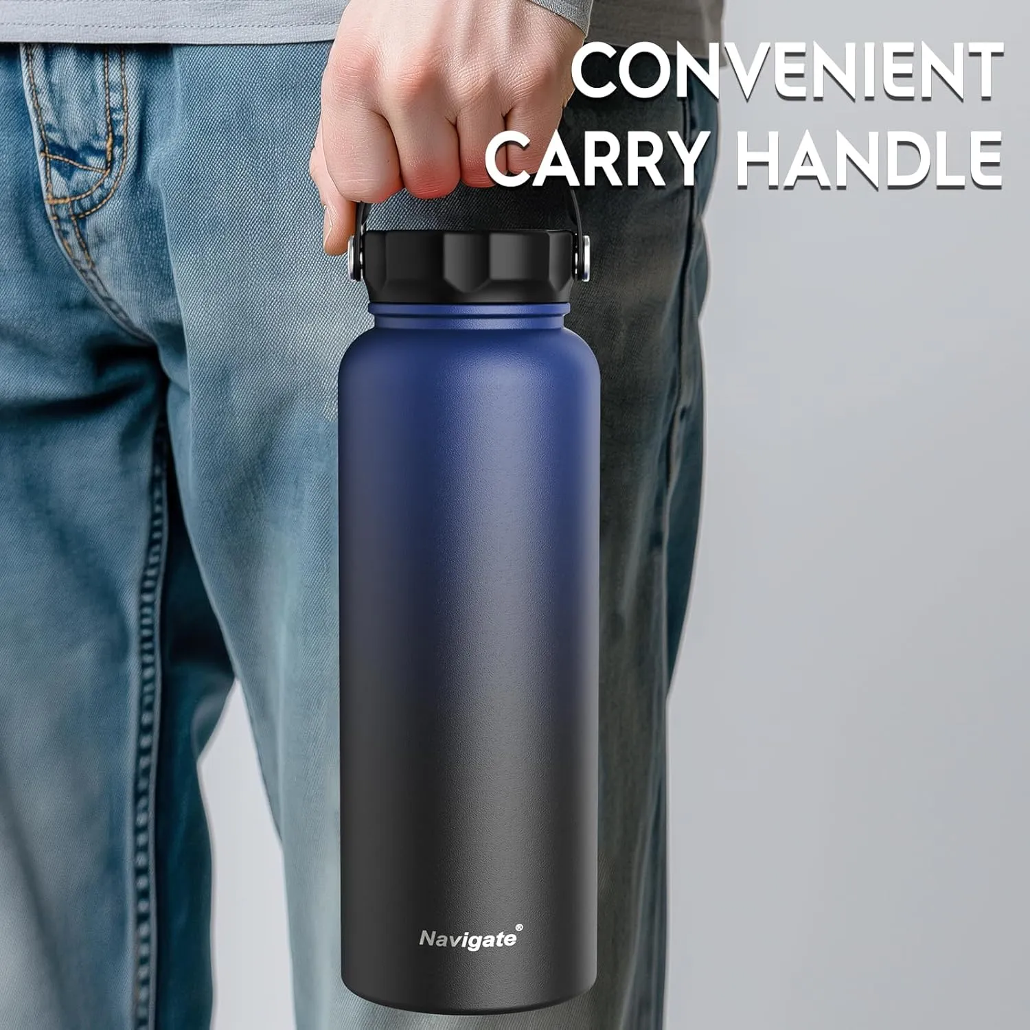 Navigate 40 oz Insulated Stainless Steel Sports Water Bottle with Spout & Handle Lids,Wide Mouth Water Jug with Double Walled Leak Proof Keep Cold for 24 Hrs Hot for 12 Hrs,Blue to Black