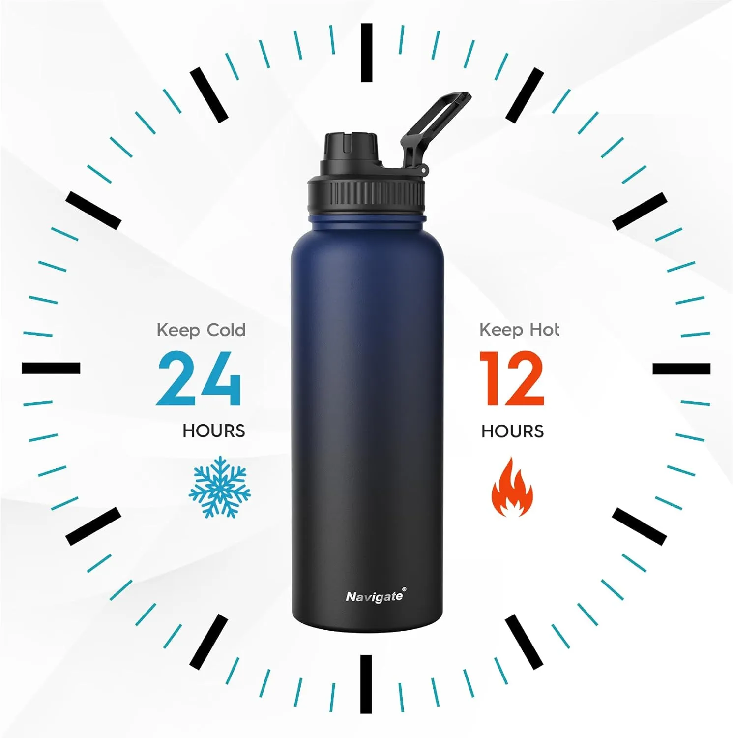Navigate 40 oz Insulated Stainless Steel Sports Water Bottle with Spout & Handle Lids,Wide Mouth Water Jug with Double Walled Leak Proof Keep Cold for 24 Hrs Hot for 12 Hrs,Blue to Black