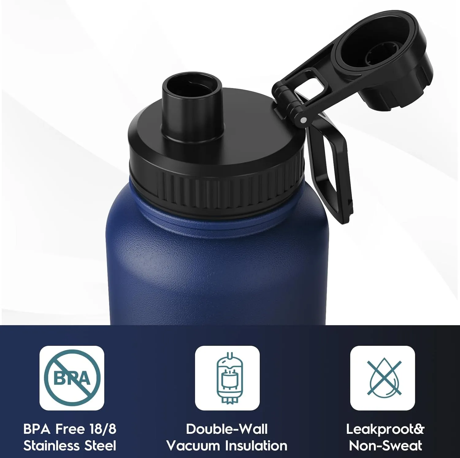 Navigate 40 oz Insulated Stainless Steel Sports Water Bottle with Spout & Handle Lids,Wide Mouth Water Jug with Double Walled Leak Proof Keep Cold for 24 Hrs Hot for 12 Hrs,Blue to Black