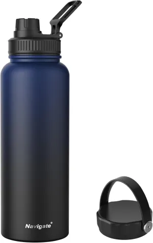 Navigate 40 oz Insulated Stainless Steel Sports Water Bottle with Spout & Handle Lids,Wide Mouth Water Jug with Double Walled Leak Proof Keep Cold for 24 Hrs Hot for 12 Hrs,Blue to Black