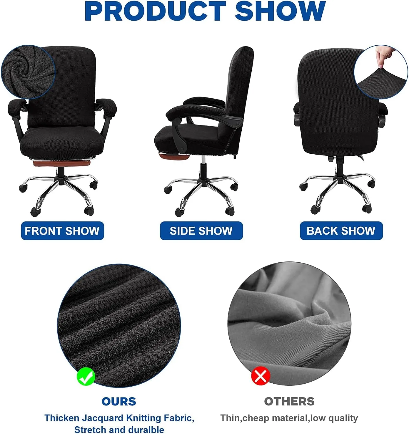 NeColorLife Office Chair Cover with Armrest Covers Stretchable Desk Chair Cover Thick Checked Jacquard High Back Office Seat Cover for Universal Rotating Chair (Large Size,Black)