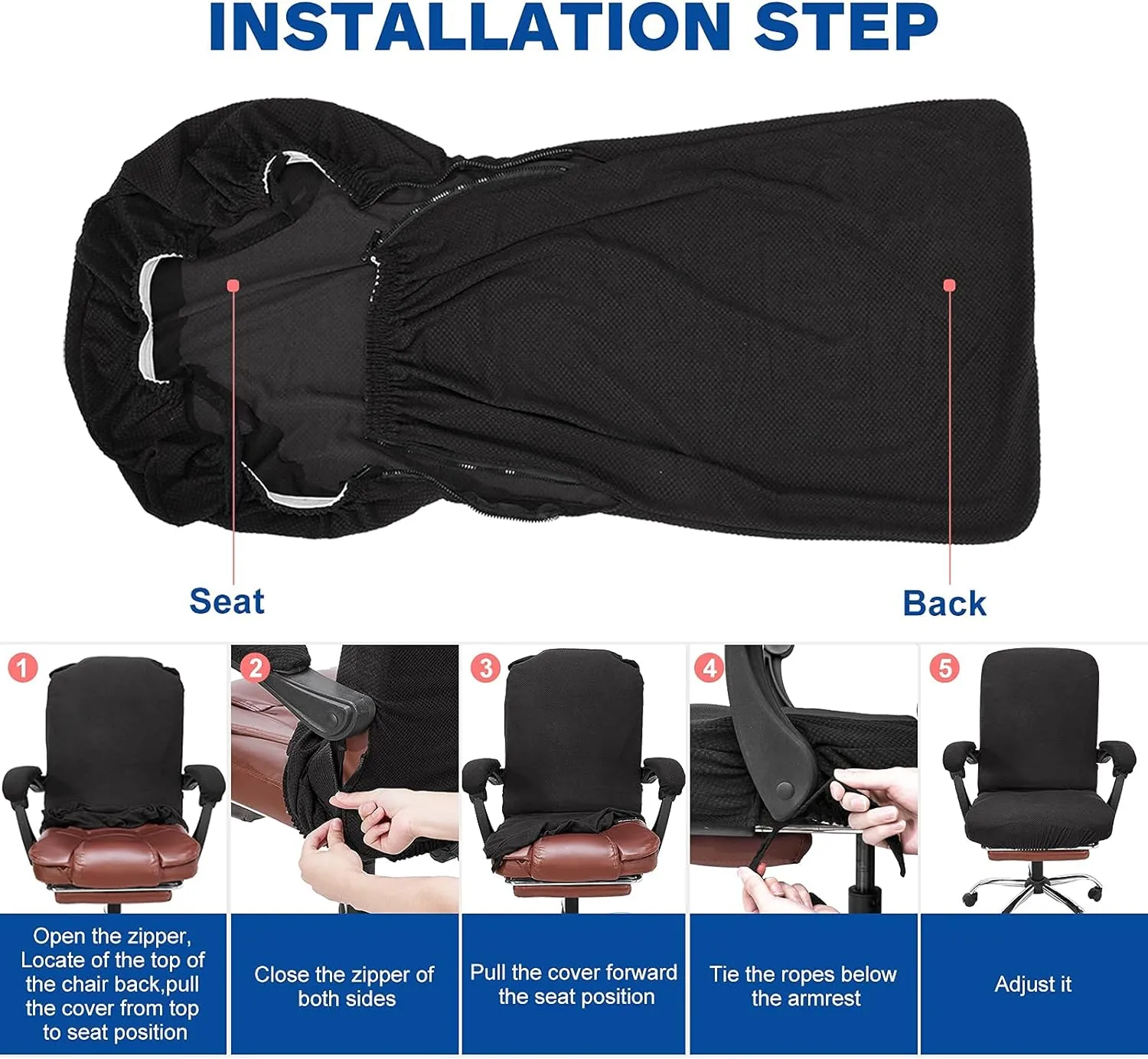 NeColorLife Office Chair Cover with Armrest Covers Stretchable Desk Chair Cover Thick Checked Jacquard High Back Office Seat Cover for Universal Rotating Chair (Large Size,Black)