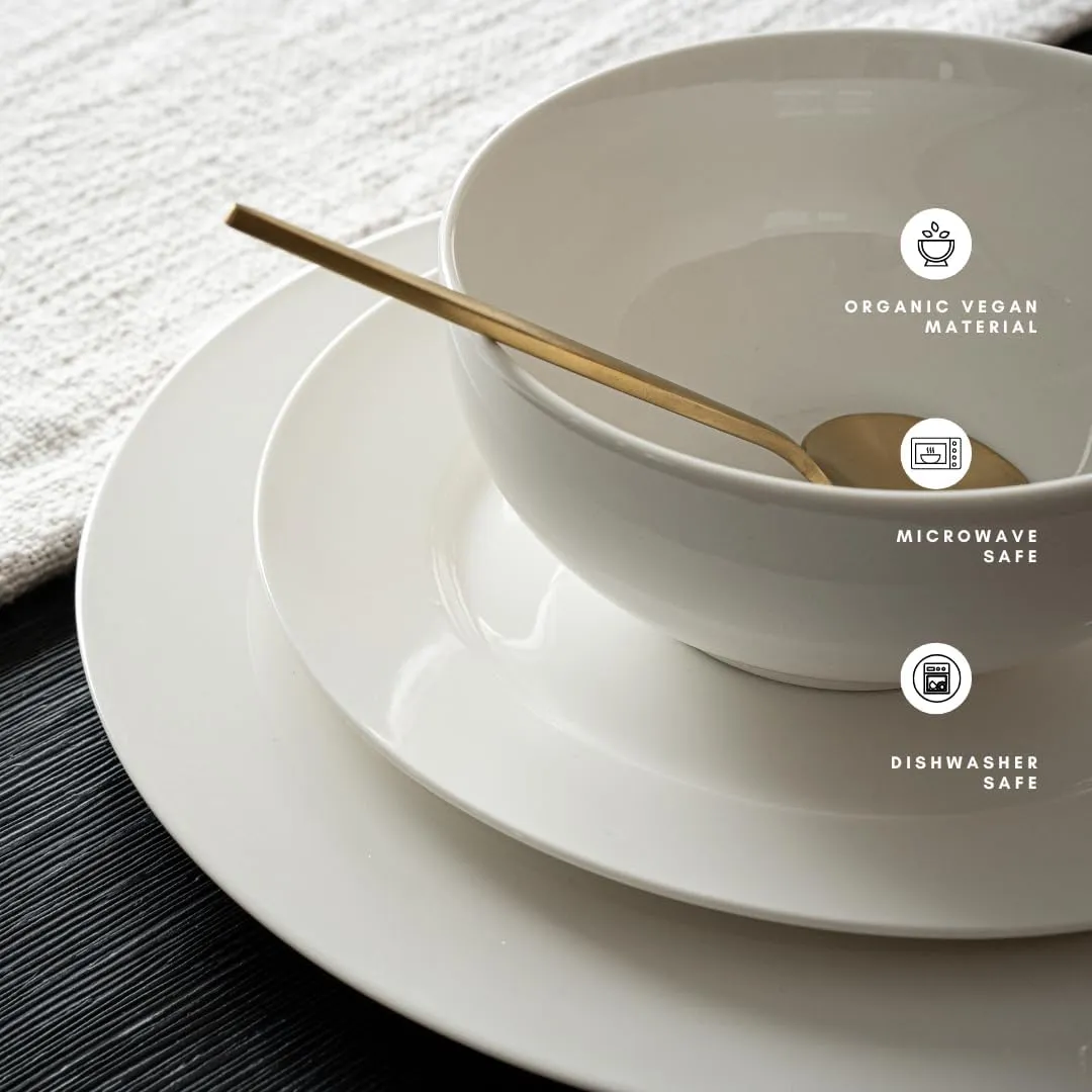 New Bone China 12 Piece Dinnerware Set, Santorini Collection (Pure), White, Daily Use China, Tableware Service for 4