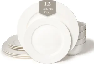 New Bone China 12 Piece Dinnerware Set, Santorini Collection (Pure), White, Daily Use China, Tableware Service for 4