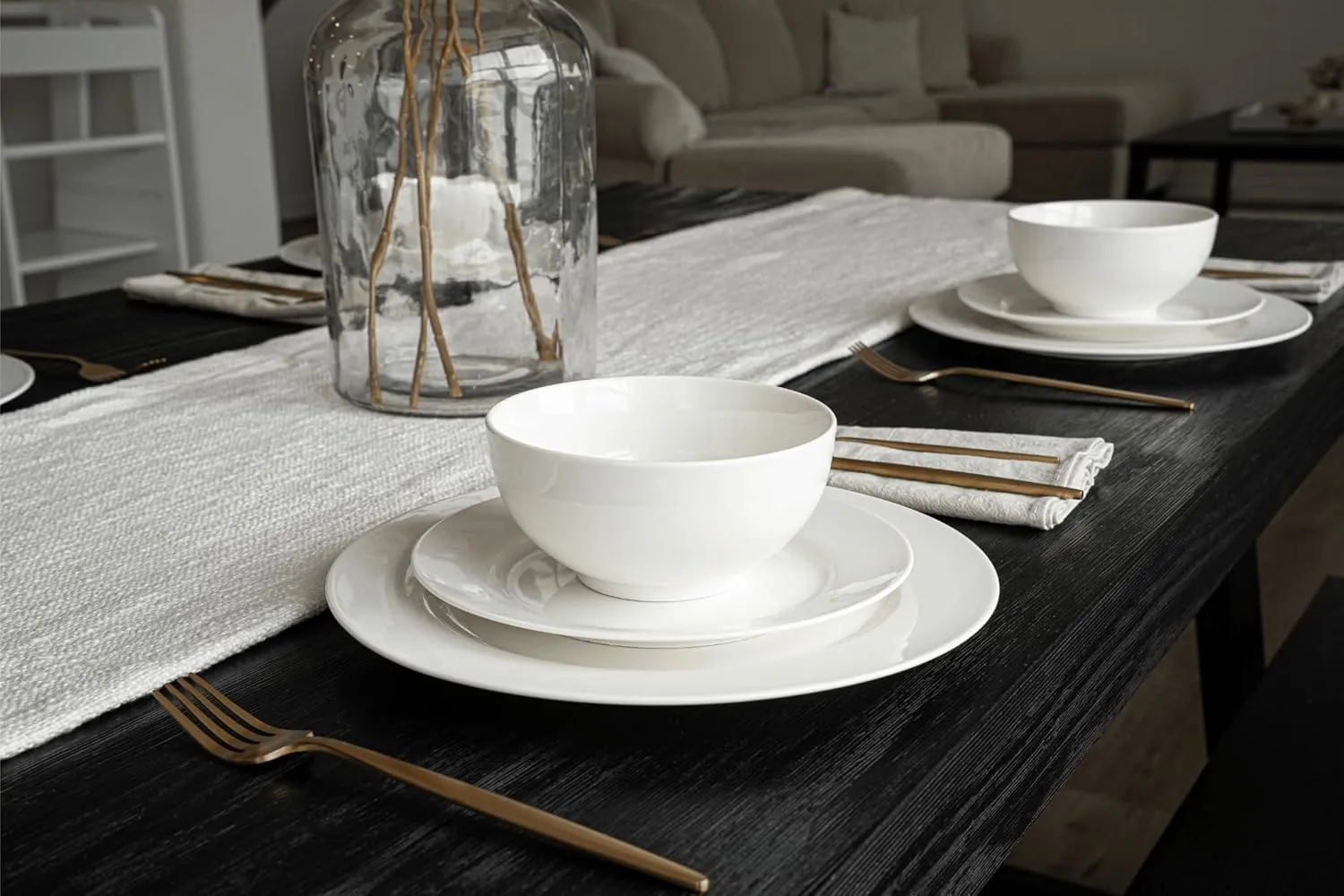New Bone China 12 Piece Dinnerware Set, Santorini Collection (Pure), White, Daily Use China, Tableware Service for 4