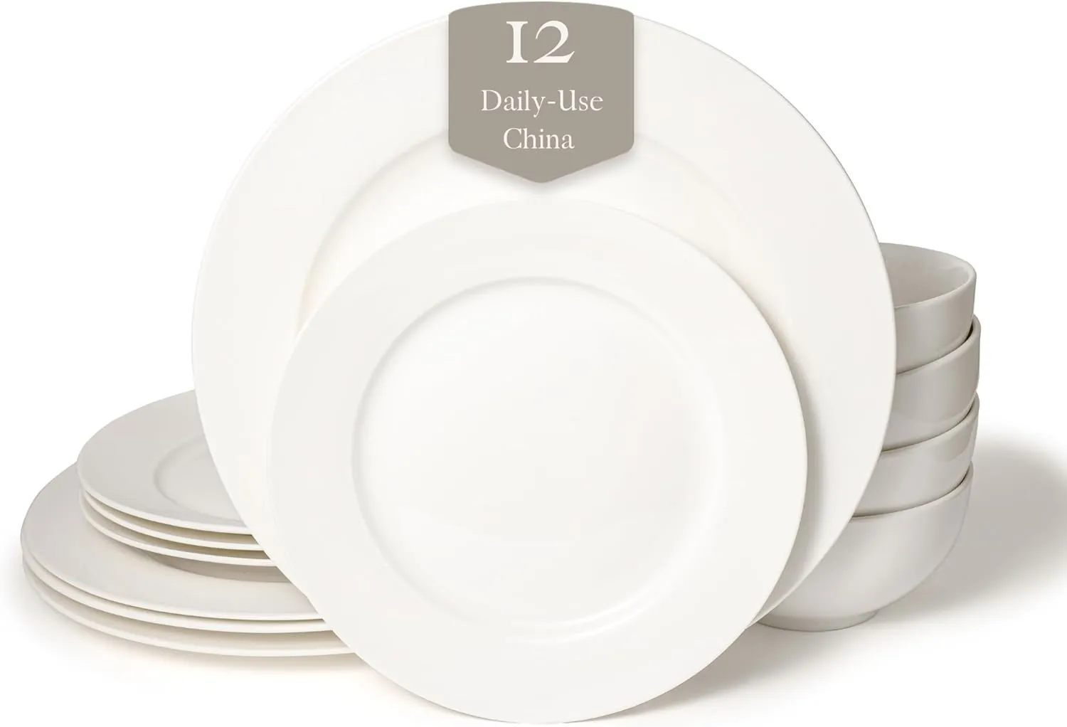 New Bone China 12 Piece Dinnerware Set, Santorini Collection (Pure), White, Daily Use China, Tableware Service for 4