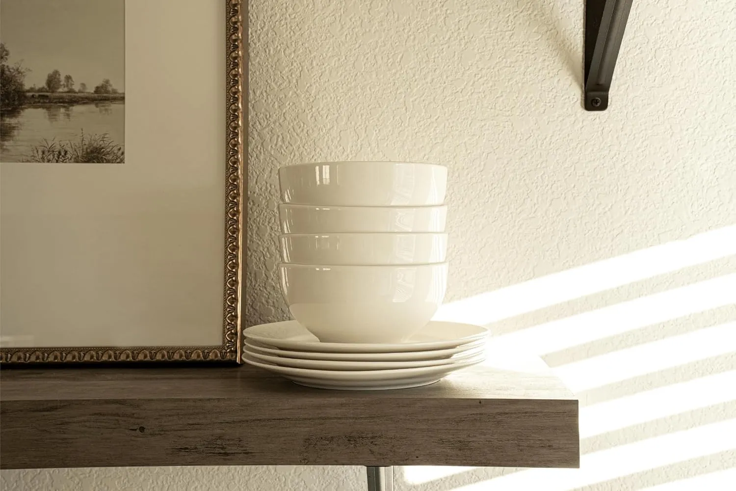 New Bone China 12 Piece Dinnerware Set, Santorini Collection (Pure), White, Daily Use China, Tableware Service for 4