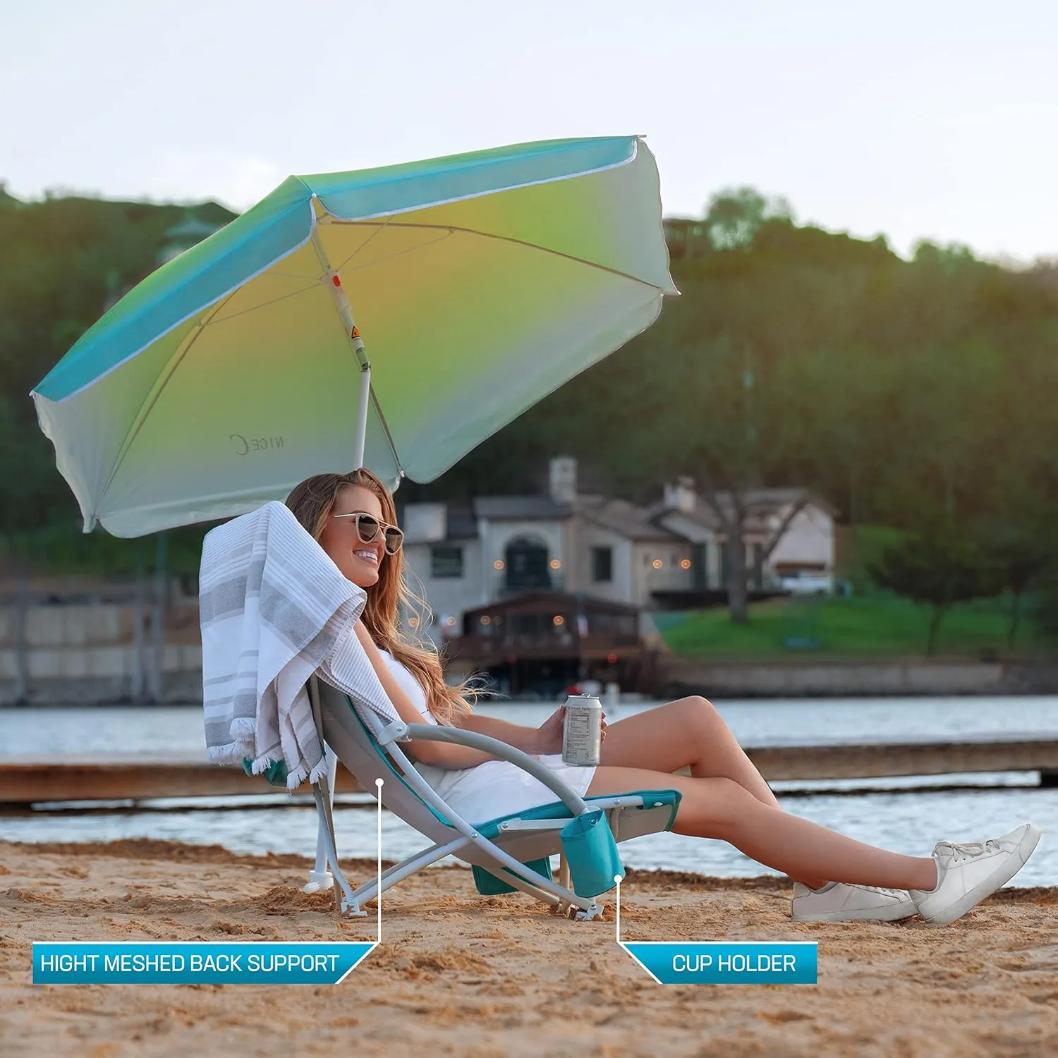 Nice C Beach Chair, Beach Chairs for Adults with Umbrella and Cooler, High Back, Cup Holder & Carry Bag & Heavy Duty Compact Outdoor, Camping (One Blue)