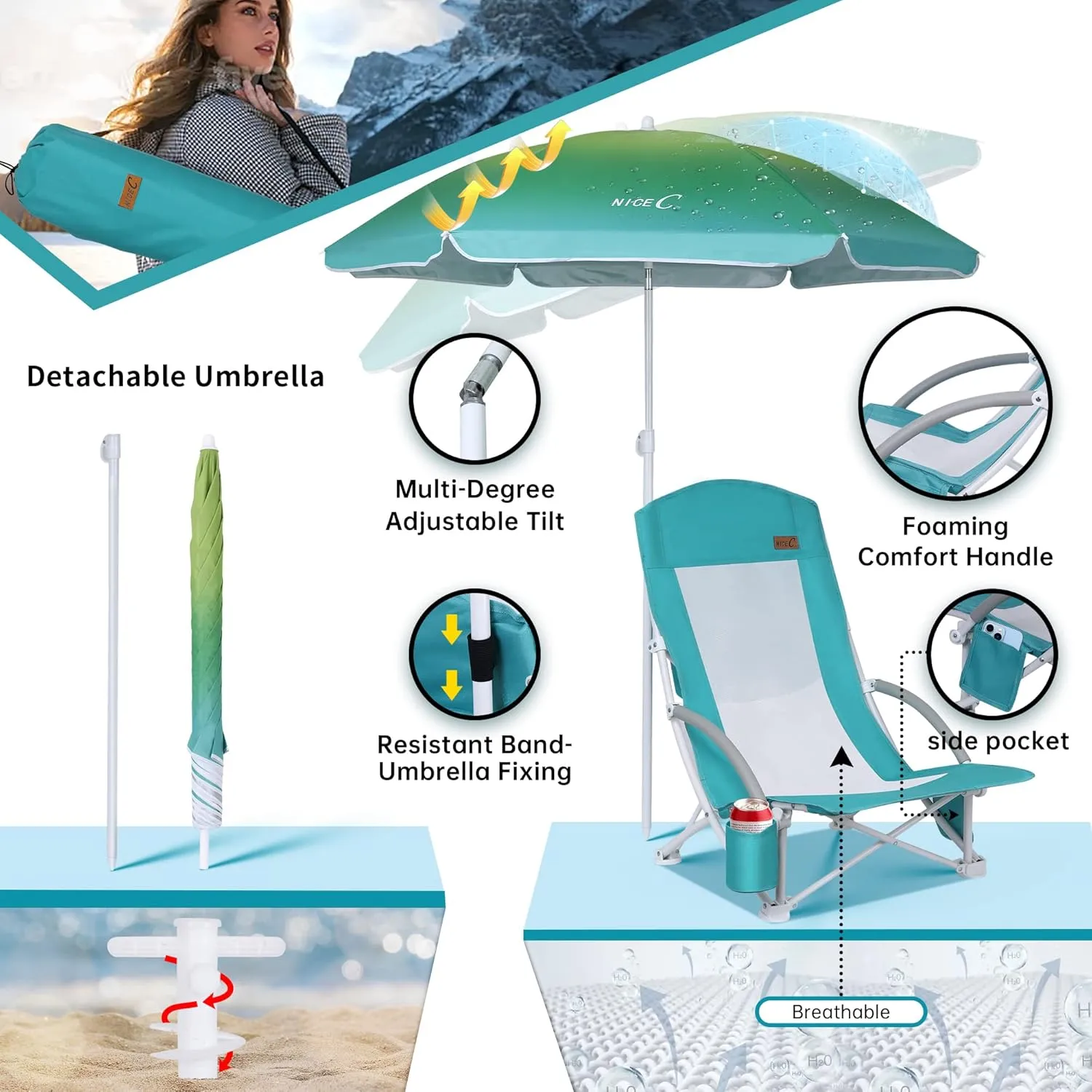 Nice C Beach Chair, Beach Chairs for Adults with Umbrella and Cooler, High Back, Cup Holder & Carry Bag & Heavy Duty Compact Outdoor, Camping (One Blue)