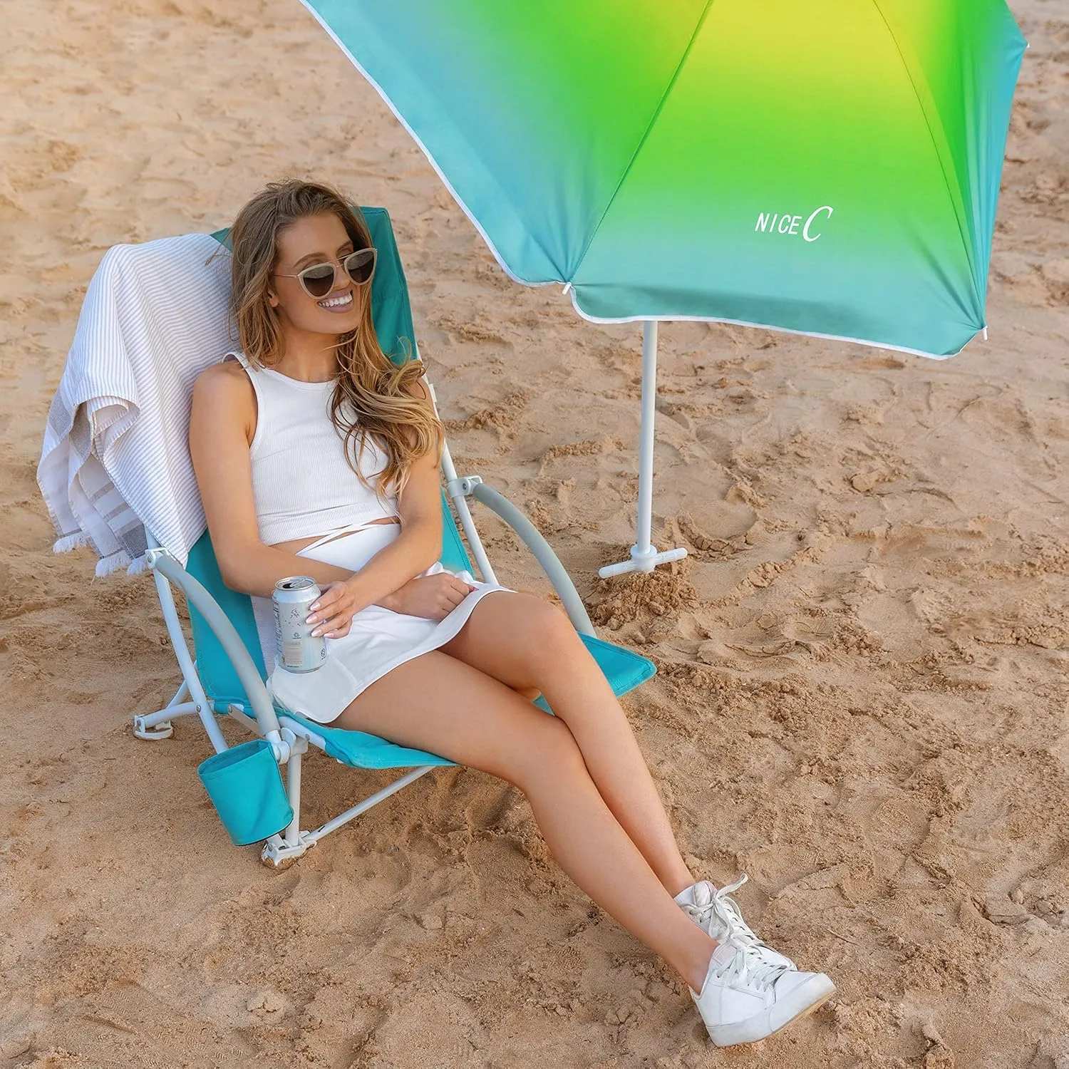 Nice C Beach Chair, Beach Chairs for Adults with Umbrella and Cooler, High Back, Cup Holder & Carry Bag & Heavy Duty Compact Outdoor, Camping (One Blue)