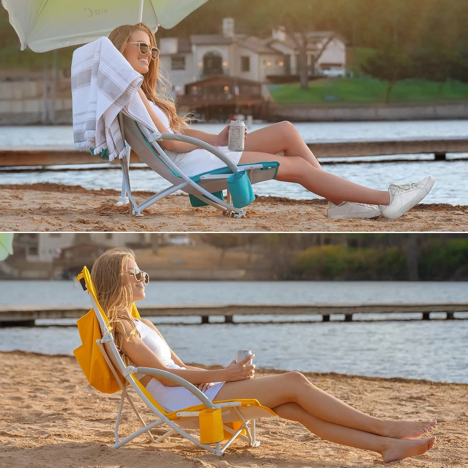 Nice C Beach Chair, Beach Chairs for Adults with Umbrella and Cooler, High Back, Cup Holder & Carry Bag & Heavy Duty Compact Outdoor, Camping (One Blue)
